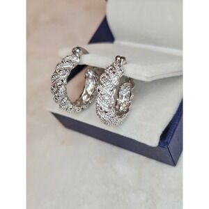 Cubic Zirconia Hoop Earrings Pave‎ Set Twisted Rope Design Silver